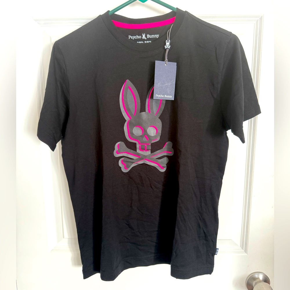 NWT Psycho Bunny Black Tee with Pink Bunny Design Kids XL/ Women’s S